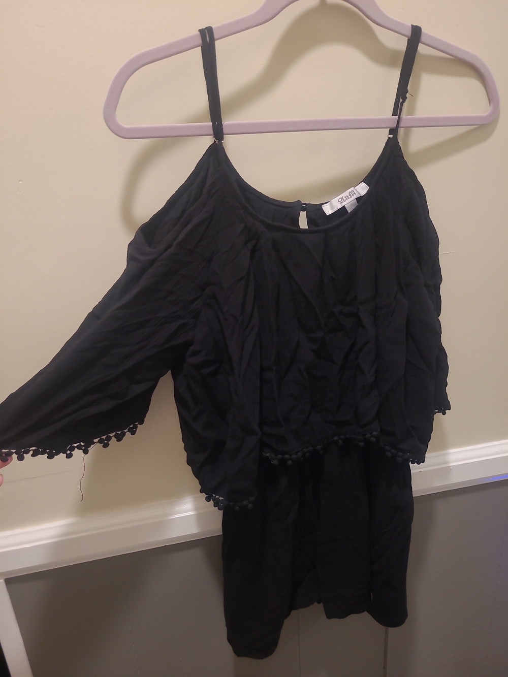 ANM Womens Black Cold Shoulder Mini Dress Small Frilly Pom Pom